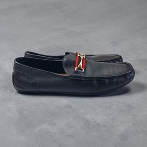 Aldo Mens Black Leather Loafers Red Striped Driving Shoes Slip On Size 10.5